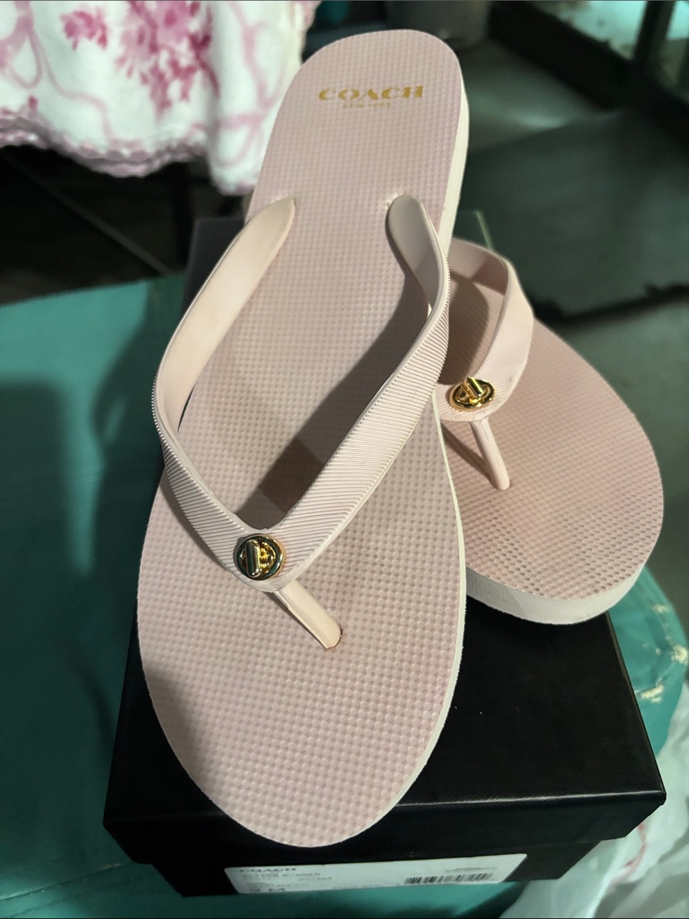 Coach Pale Pink Logo Thong Sandals with Gold Accent